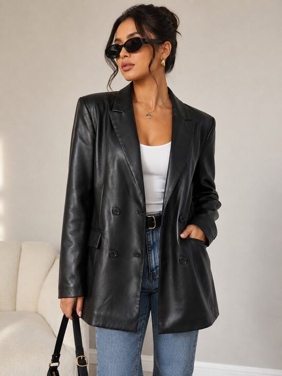 Primark Jackets & Blazers - Primark Black Faux Leather Double Breasted Longline Blazer Jacket Size 10